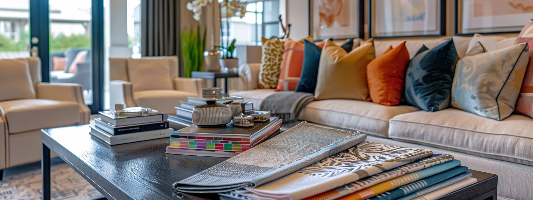 a bright and stylish interior of a contemporary orlando home showcases elegant decor elements, with a designer consulting thoughtfully over color swatches and fabric samples on a sleek coffee table.