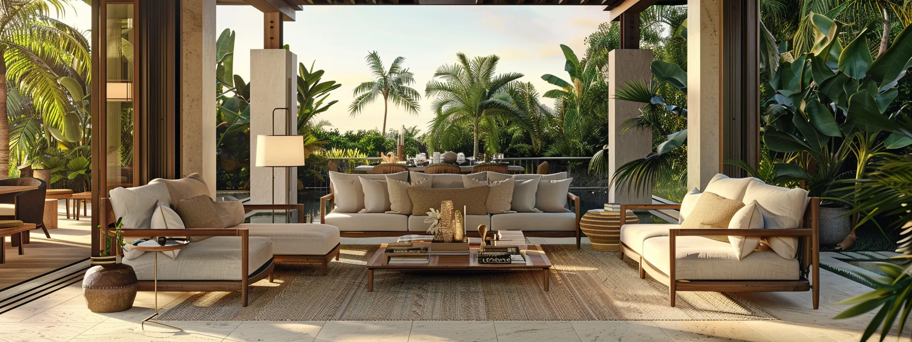 a luxurious indoor living space seamlessly transitions to an inviting outdoor lanai, featuring high-end weather-resistant furnishings and stylish cabinetry that elegantly complement the scenic florida backdrop.