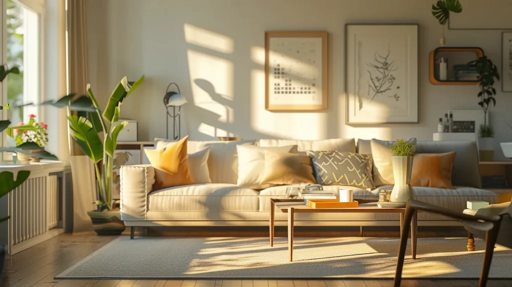 a modern, elegantly furnished apartment interior showcases strategic design choices and decor that emphasize spaciousness and style, highlighting the potential for increased rental returns.