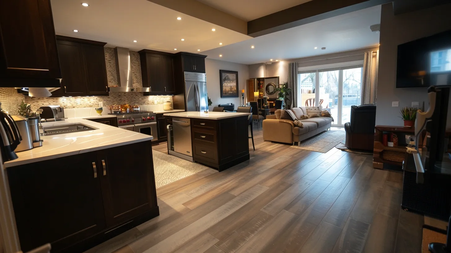 a modern, elegantly redesigned living space showcases sleek, functional furniture and contemporary kitchen and bathroom fixtures, accentuated by chic decor and smart storage solutions, creating an inviting atmosphere that epitomizes stylish urban living.