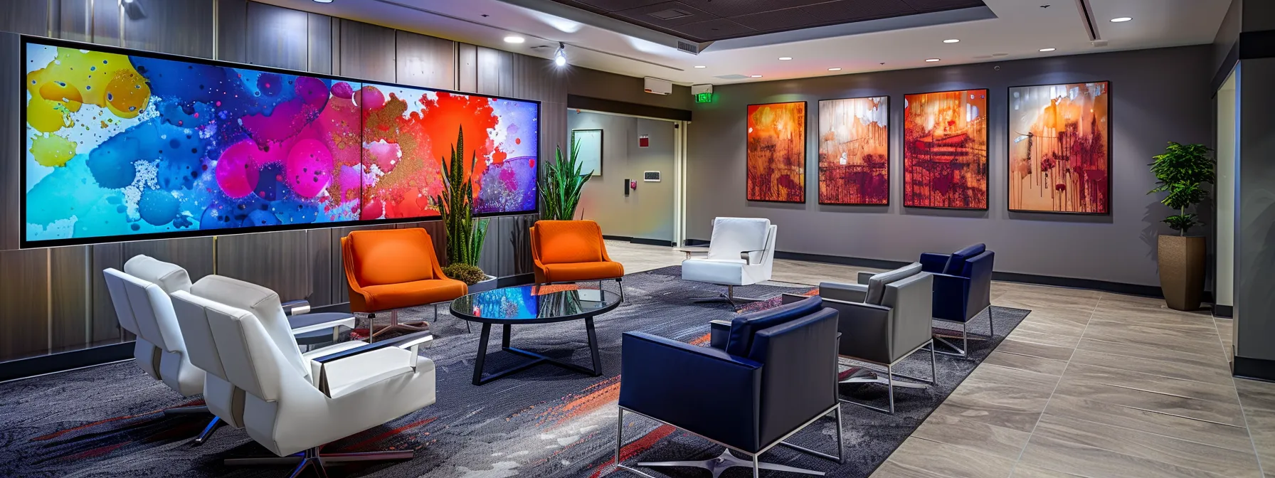 a modern, stylish office meeting room features a confident orlando decorating expert engaging with clients over vibrant design concepts displayed on a sleek digital screen, capturing the essence of collaborative creativity.