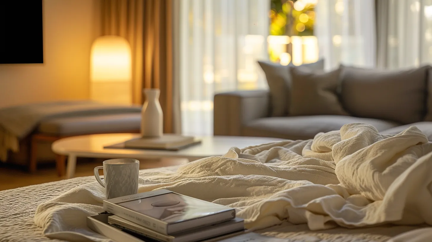 a modern vacation rental interior showcases a stylish living area with smart home technology, plush cotton linens on a designer bed, and curated local guides on a sleek coffee table, all bathed in warm artificial lighting to create an inviting atmosphere for guests.