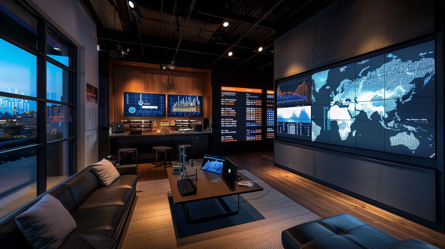 a sleek, modern office filled with charts and graphs displayed on screens, showcasing vacation home market trends, as a focused team collaborates over a digital map highlighting popular investment locations and pricing strategies.