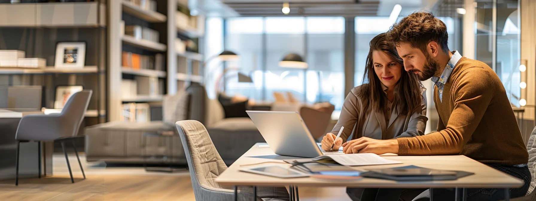 a sleek, modern office space adorned with elegant furnishings and design samples, with a confident interior decorator consulting with a client over a digital tablet, showcasing different fee structures and project concepts.