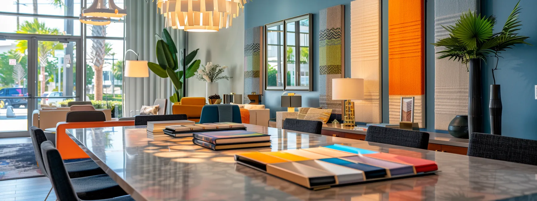 a sleek, modern office space in orlando showcases a vibrant array of interior decor samples, with elegant furnishings and stylish color swatches neatly arranged on a polished conference table, highlighting the essence of interior decorator costs and design potential.
