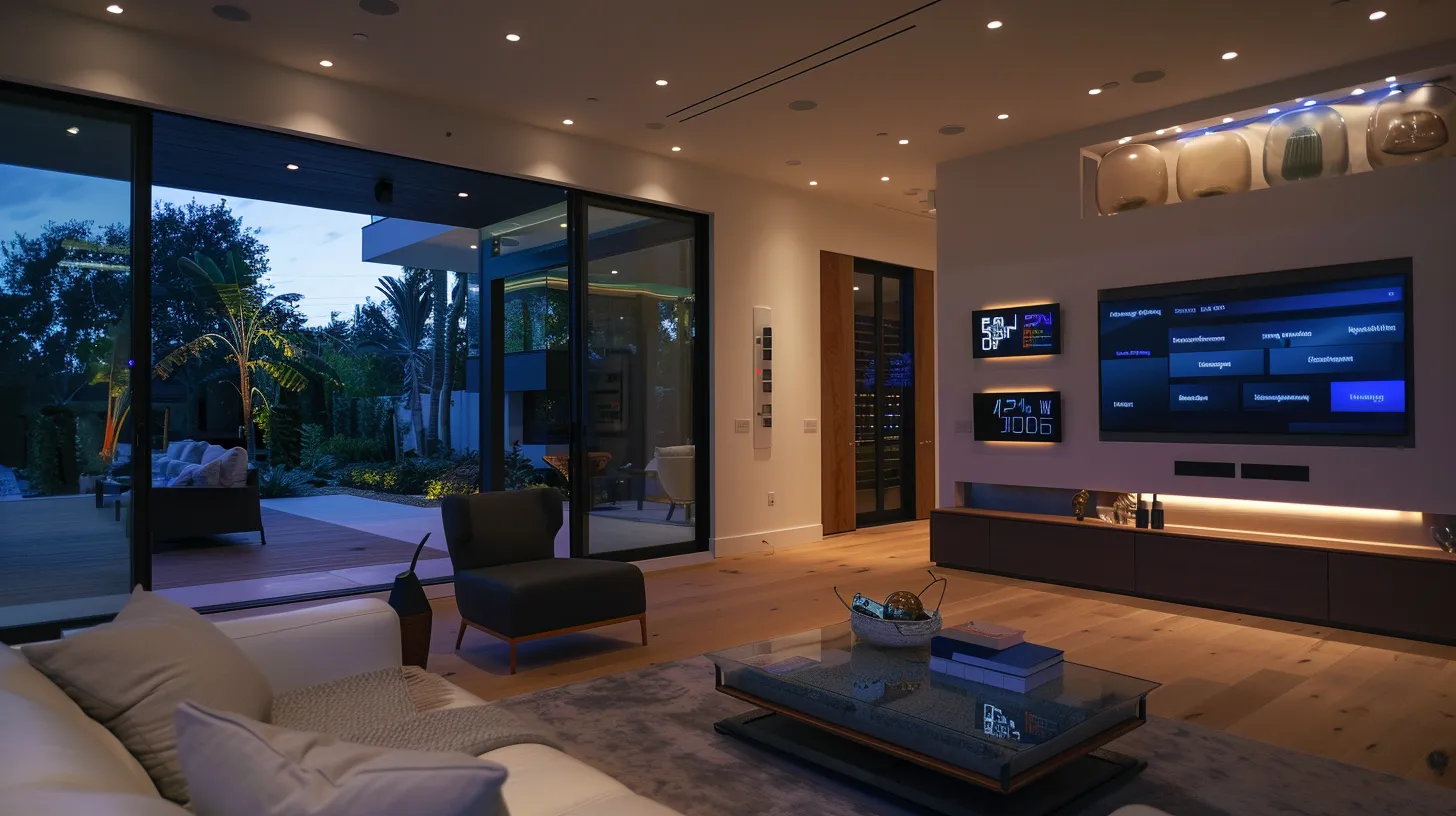 a sleek, modern vacation home interior showcases advanced smart technology features like a digital control panel for lighting and temperature, keyless entry system visible on the wall, and a sophisticated entertainment setup, all bathed in warm, ambient lighting to create an inviting atmosphere for tech-savvy guests.