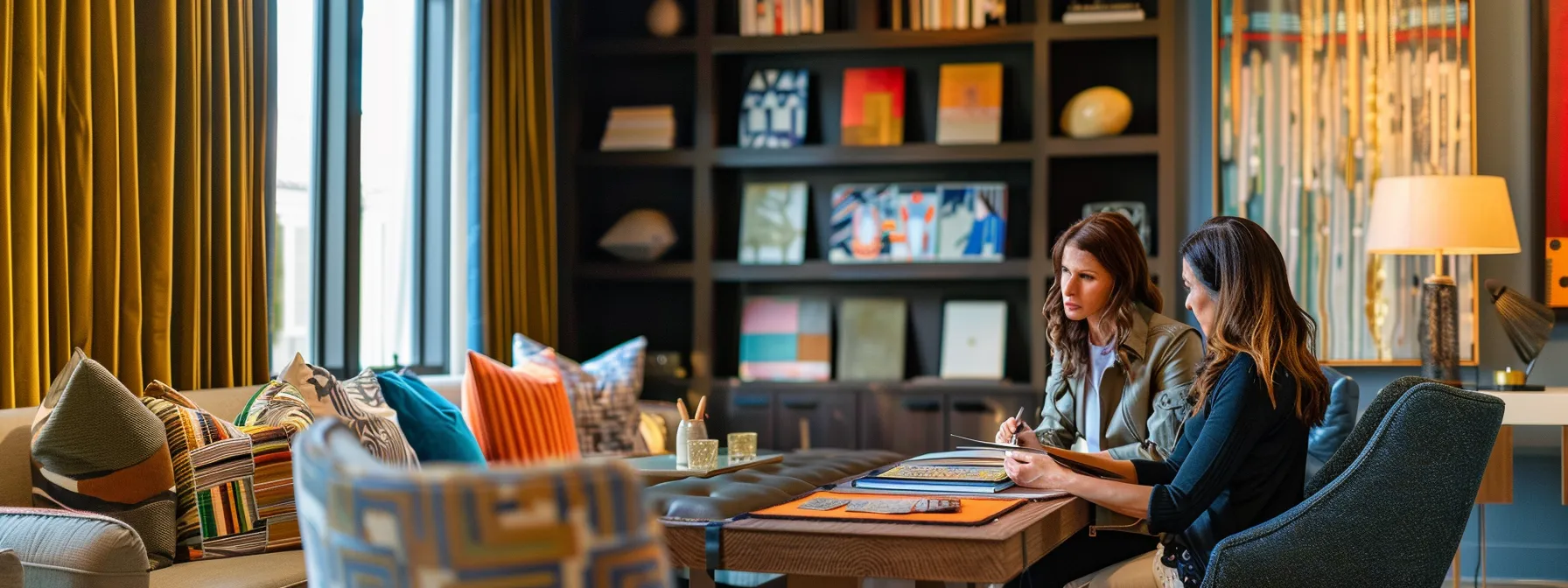 a sophisticated interior design consultation in an elegantly furnished orlando office, featuring a designer and client engaged in a focused discussion surrounded by vibrant fabric samples and mood boards that reflect individual style and functionality.