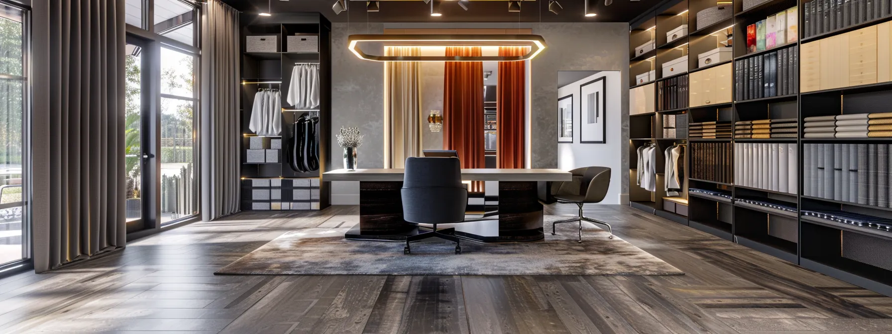a sophisticated, modern interior design studio in orlando showcases exquisite, high-end furnishings and vibrant color palettes, featuring a sleek design table adorned with luxurious fabric samples and architectural renderings, all illuminated by warm ambient lighting that emphasizes creativity and elegance.