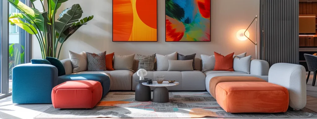 a sophisticated residential interior decor setting in orlando showcases an elegant living room adorned with modern furniture, vibrant artwork, and stylish lighting, highlighting the unique design elements that define local decorators' expertise.