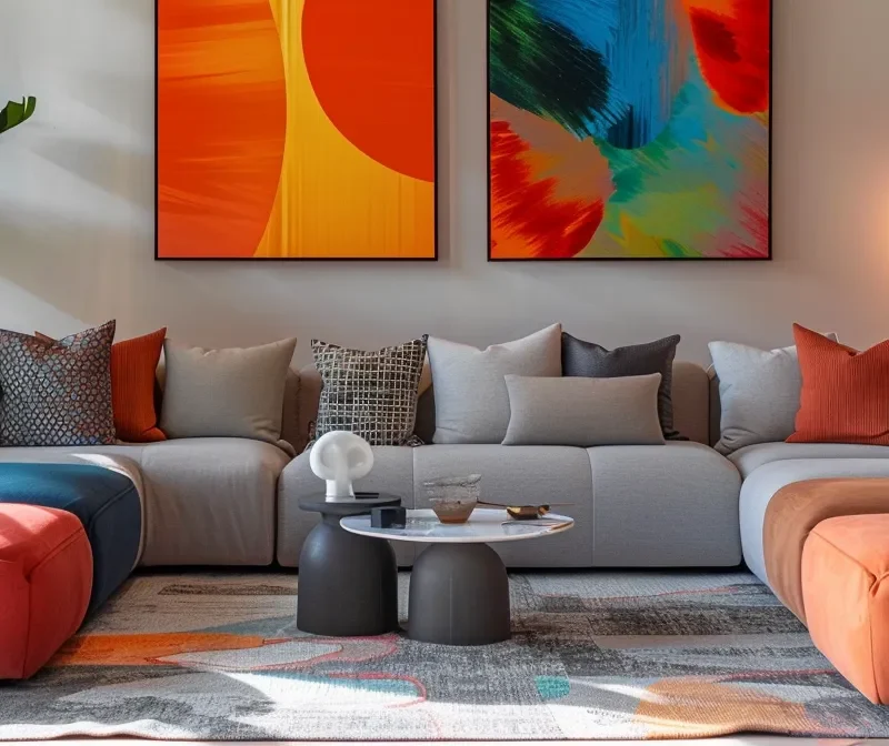 a sophisticated residential interior decor setting in orlando showcases an elegant living room adorned with modern furniture, vibrant artwork, and stylish lighting, highlighting the unique design elements that define local decorators' expertise.