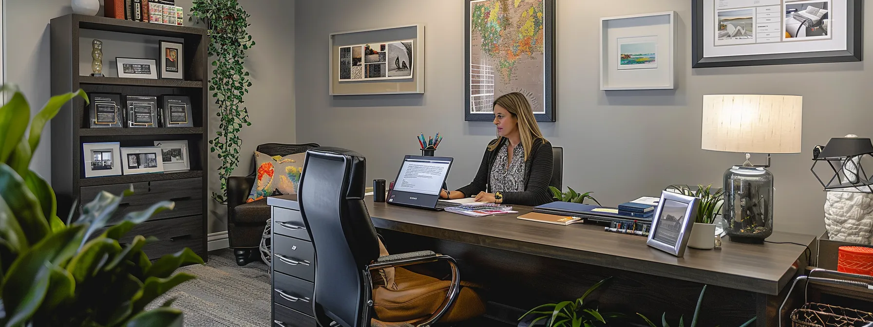 a stylish, modern office setting features a professional interior decorator at a sleek desk, engaged in an in-depth conversation with a homeowner, surrounded by framed certifications, a glowing laptop screen displaying client testimonials, and mood boards showcasing vibrant design ideas.