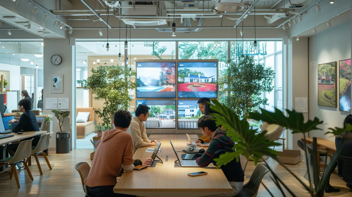 a stylish, modern office space is bustling with activity as a diverse group of marketing professionals engage with digital devices, surrounded by vibrant visuals of vacation homes displayed on sleek screens, capturing the essence of innovative strategies to boost occupancy rates.