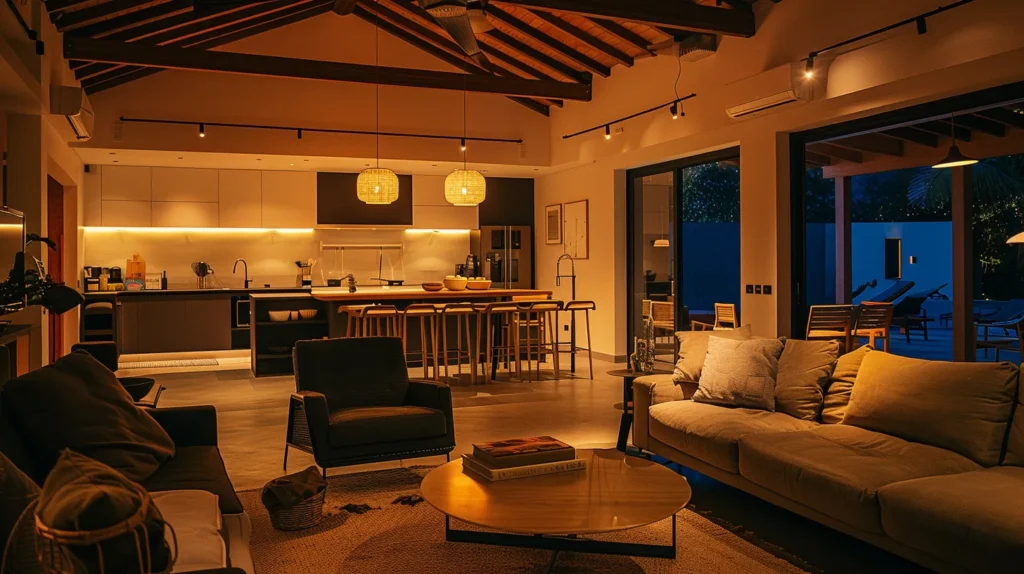 a stylish, modern vacation home interior showcases elegant furnishings and luxurious amenities, illuminated by soft, ambient lighting, emphasizing contemporary trends for maximizing rental profitability.