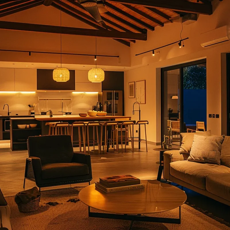a stylish, modern vacation home interior showcases elegant furnishings and luxurious amenities, illuminated by soft, ambient lighting, emphasizing contemporary trends for maximizing rental profitability.