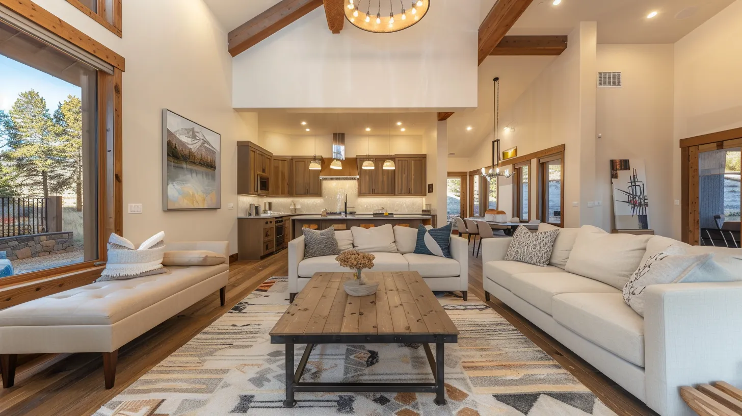a stylish, modern vacation rental interior showcases smart multi-functional furniture and sleek built-in storage, emphasizing an optimized layout with artistic mirrors that create a spacious, inviting atmosphere for guests.