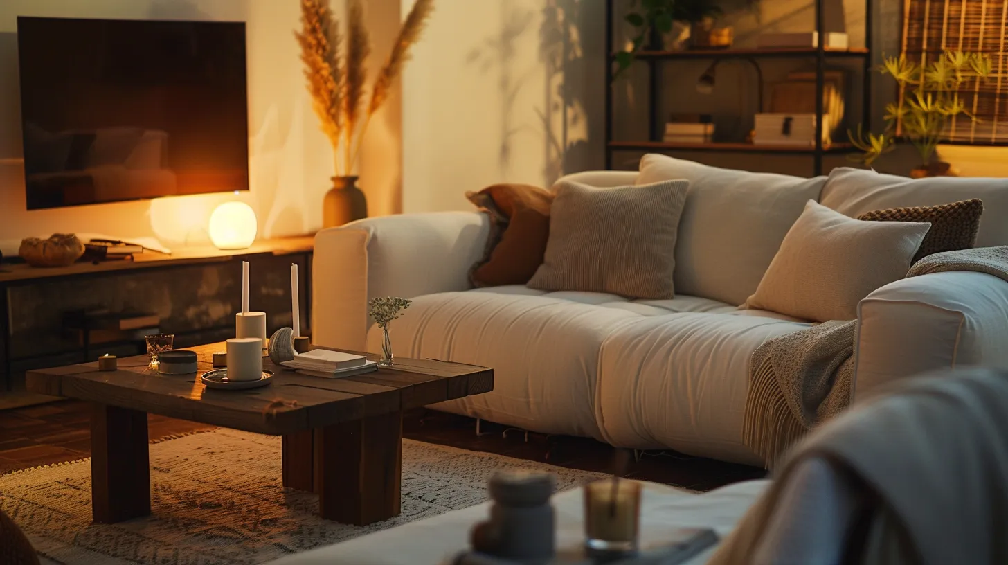 a stylishly decorated rental living room featuring plush linens, an elegant coffee table, and an inviting duvet, all showcased under warm ambient lighting to emphasize its appealing design for online visibility.
