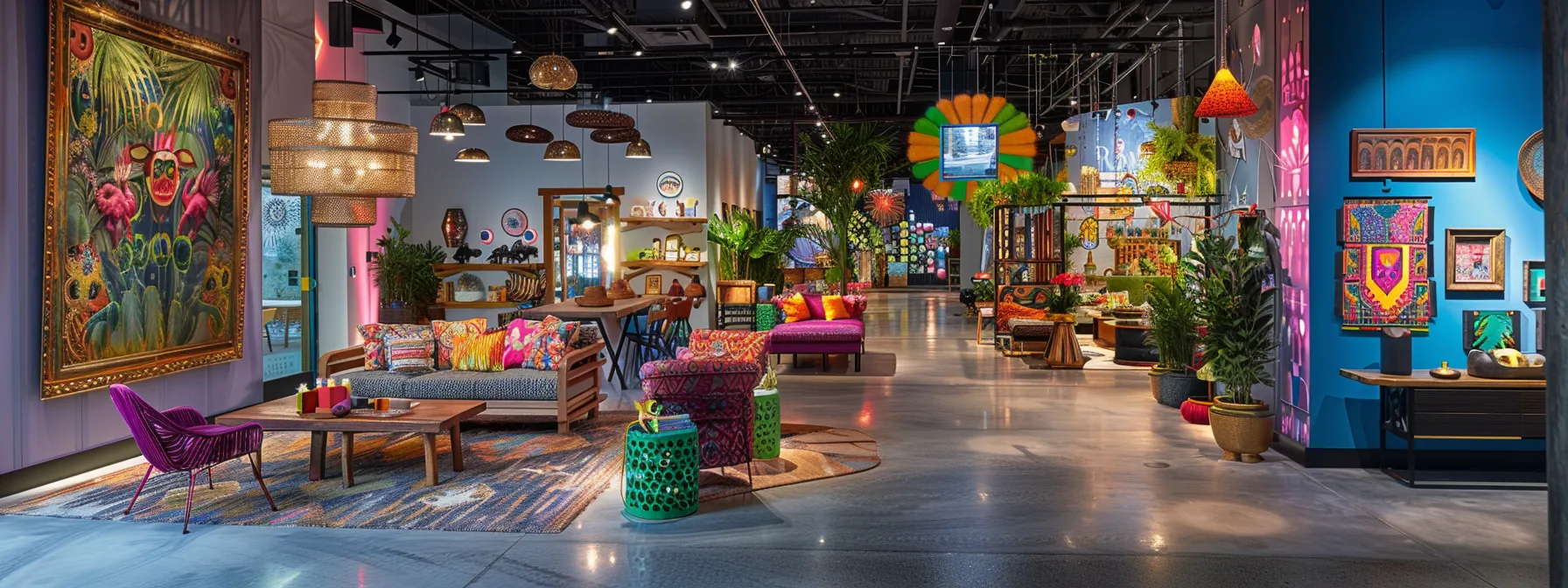 a vibrant interior designer's studio in orlando, showcasing an eclectic mix of locally sourced furniture and colorful decor samples, illuminated by bright overhead lights that highlight the creative process of crafting unique living spaces tailored to the region's climate and culture.