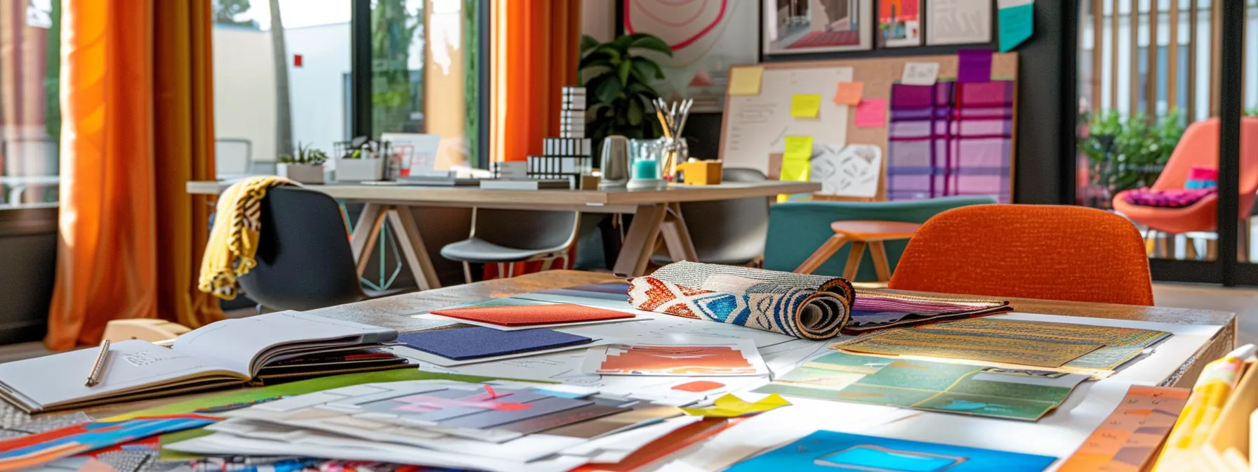 a vibrant office setting showcases a collaborative consultation between a homeowner and an interior decorator, featuring swatches of colorful fabrics, design plans spread across a sleek table, and a mood board displaying inspiring orlando project visuals.