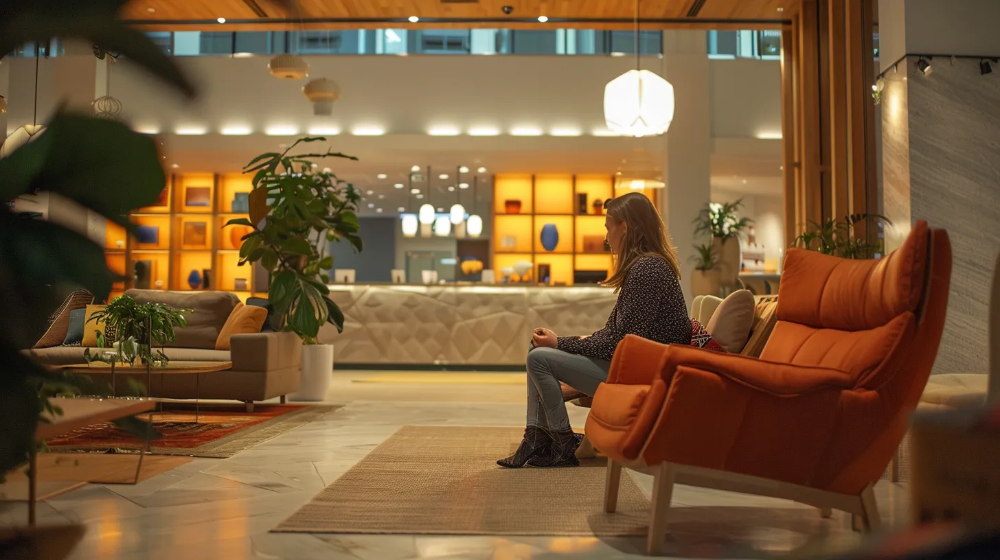 a vibrant, stylish hotel lobby featuring eclectic interior decor and artistic design elements, illuminated by warm lighting, creates an inviting atmosphere that enhances guest connections and encourages memorable photography.